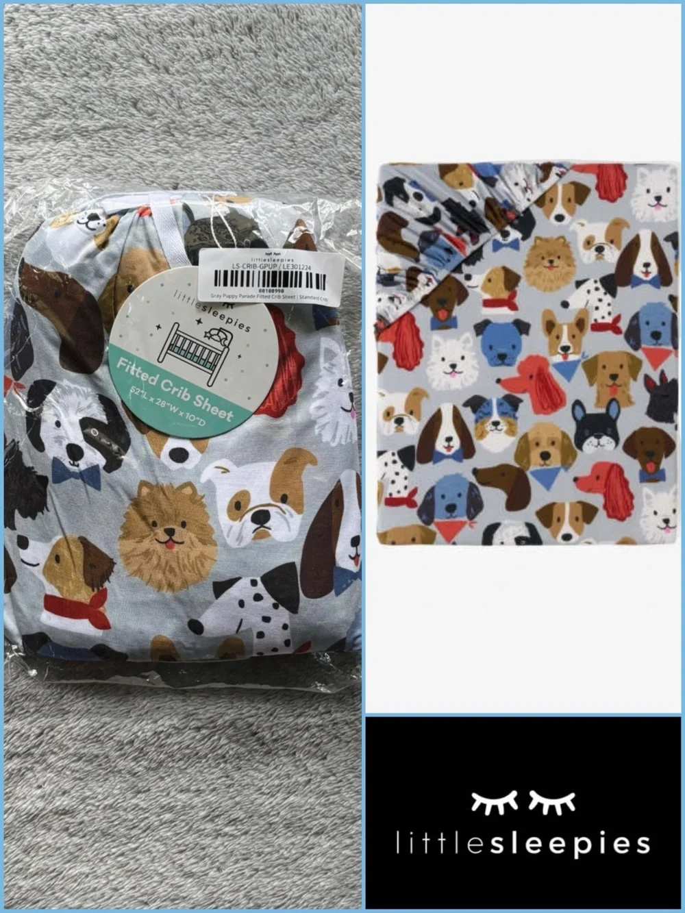 🐶Little Sleepies Gray Puppy Parade Crib Sheet